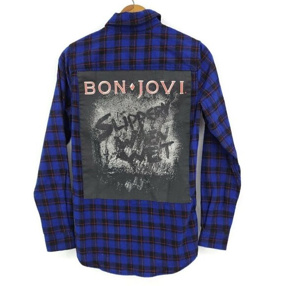 New Bon Jovi Slippery When Wet Vtg Re-Mastered Womens XXS Blue Flannel BandMerch - Picture 1 of 4